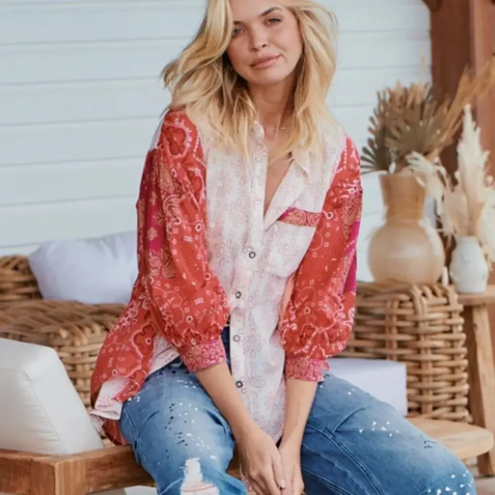 Free People Red and Cream Patchwork Bandana Button-Up Blouse